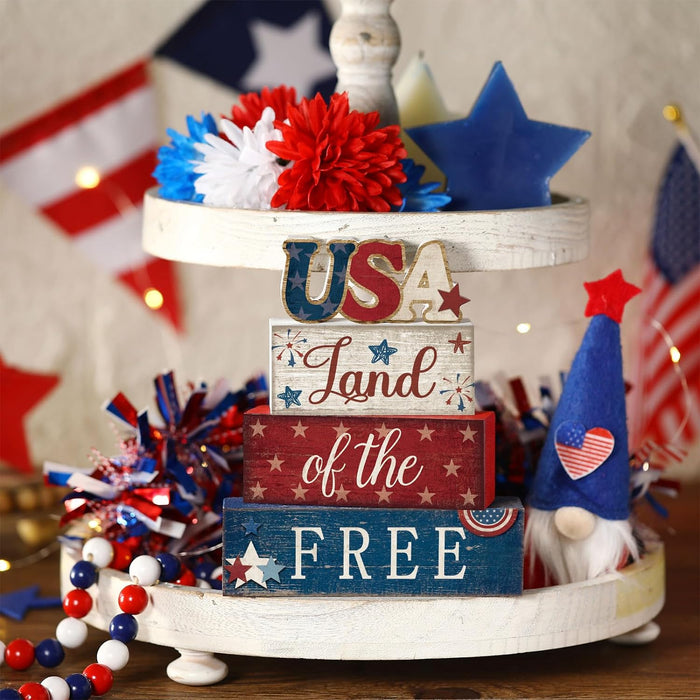 4 Pcs 4Th of July Patriotic Table Decoration Independence Day Tiered Tray Decorations Wood Block USA Rustic Patriotic Sign Memorial Day Decorations Farmhouse Gifts for Home Table Veterans