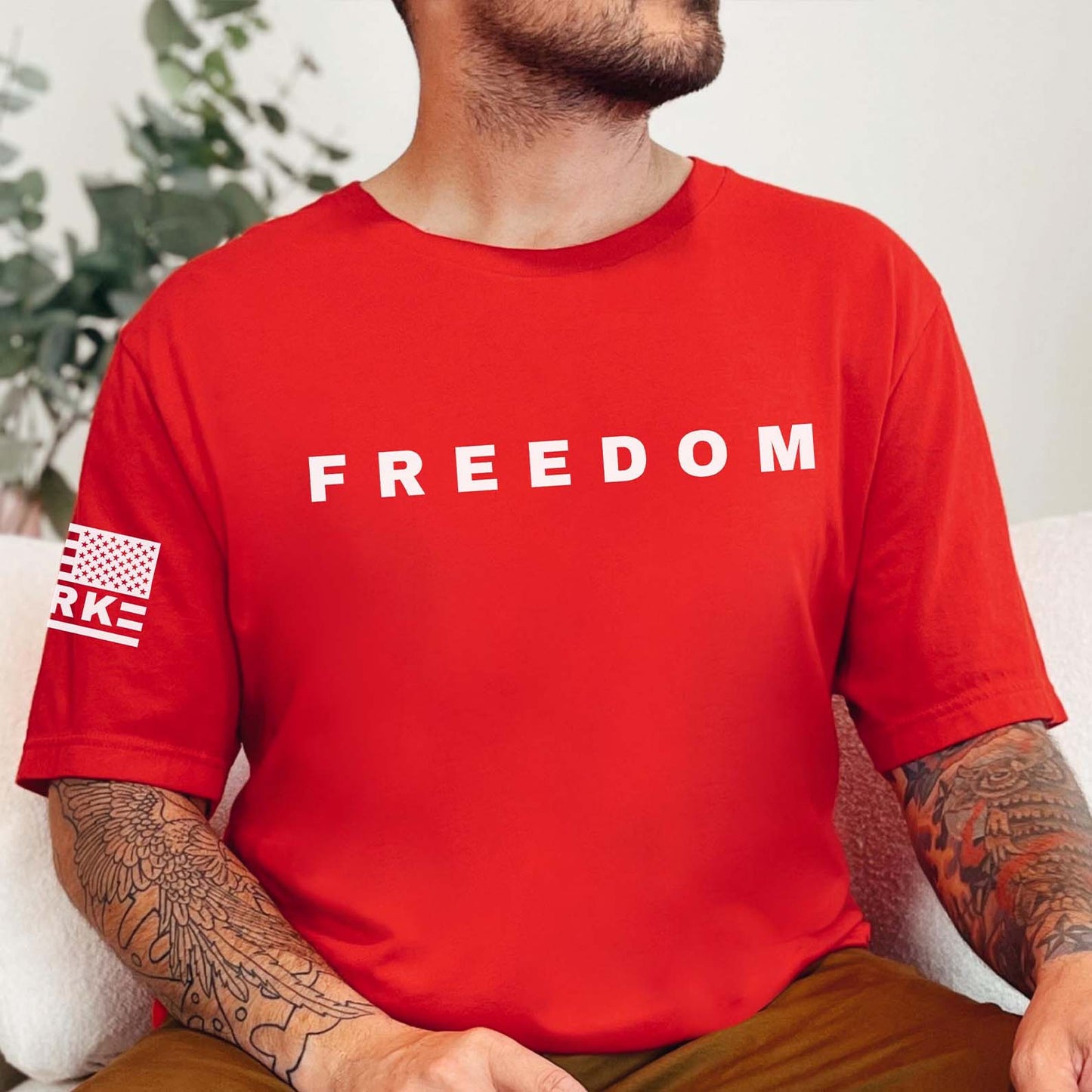Red Charlie Kirk FREEDOM Shirt | Charlie Kirk Motivational Speech Red Shirt | We Wear Red Charlie Kirk Birthday October 14 | Red Freedom Sleeve Right Shirt 683074