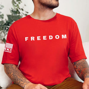 Red Charlie Kirk FREEDOM Shirt | Charlie Kirk Motivational Speech Red Shirt | We Wear Red Charlie Kirk Birthday October 14 | Red Freedom Sleeve Right Shirt 683074