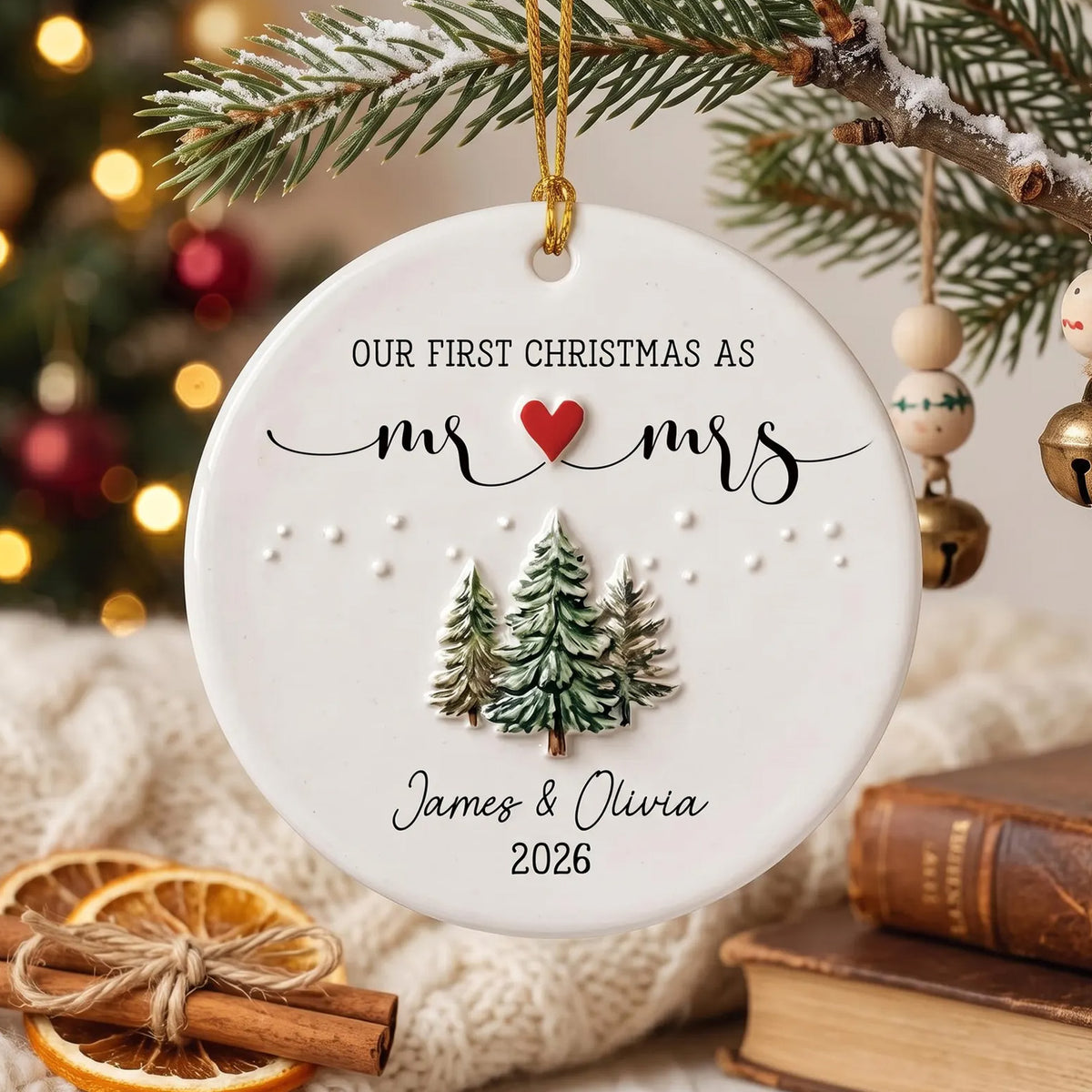 Personalized Our First Christmas as Mr & Mrs 3D Relief White Ceramic Ornament, Custom Newlywed Christmas Ornament, Married Couple 1st Christmas Keepsake Gift 686779 WFD