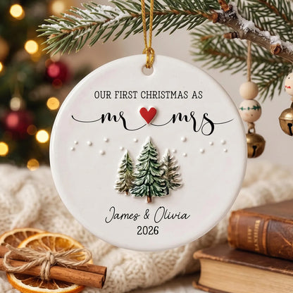 Personalized Our First Christmas as Mr & Mrs 3D Relief White Ceramic Ornament, Custom Newlywed Christmas Ornament, Married Couple 1st Christmas Keepsake Gift 686779 WFD