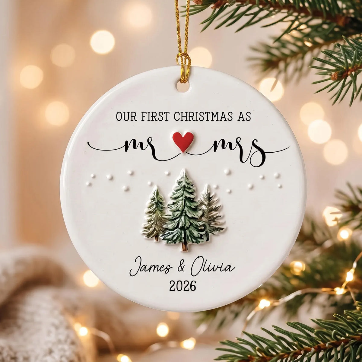 Personalized Our First Christmas as Mr & Mrs 3D Relief White Ceramic Ornament, Custom Newlywed Christmas Ornament, Married Couple 1st Christmas Keepsake Gift 686779 WFD