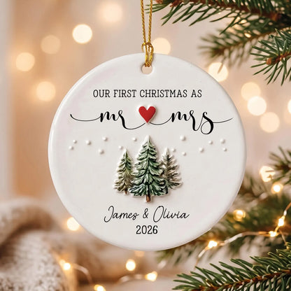 Personalized Our First Christmas as Mr & Mrs 3D Relief White Ceramic Ornament, Custom Newlywed Christmas Ornament, Married Couple 1st Christmas Keepsake Gift 686779 WFD
