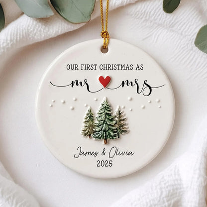 Personalized Our First Christmas as Mr & Mrs 3D Relief White Ceramic Ornament, Custom Newlywed Christmas Ornament, Married Couple 1st Christmas Keepsake Gift 686779 WFD