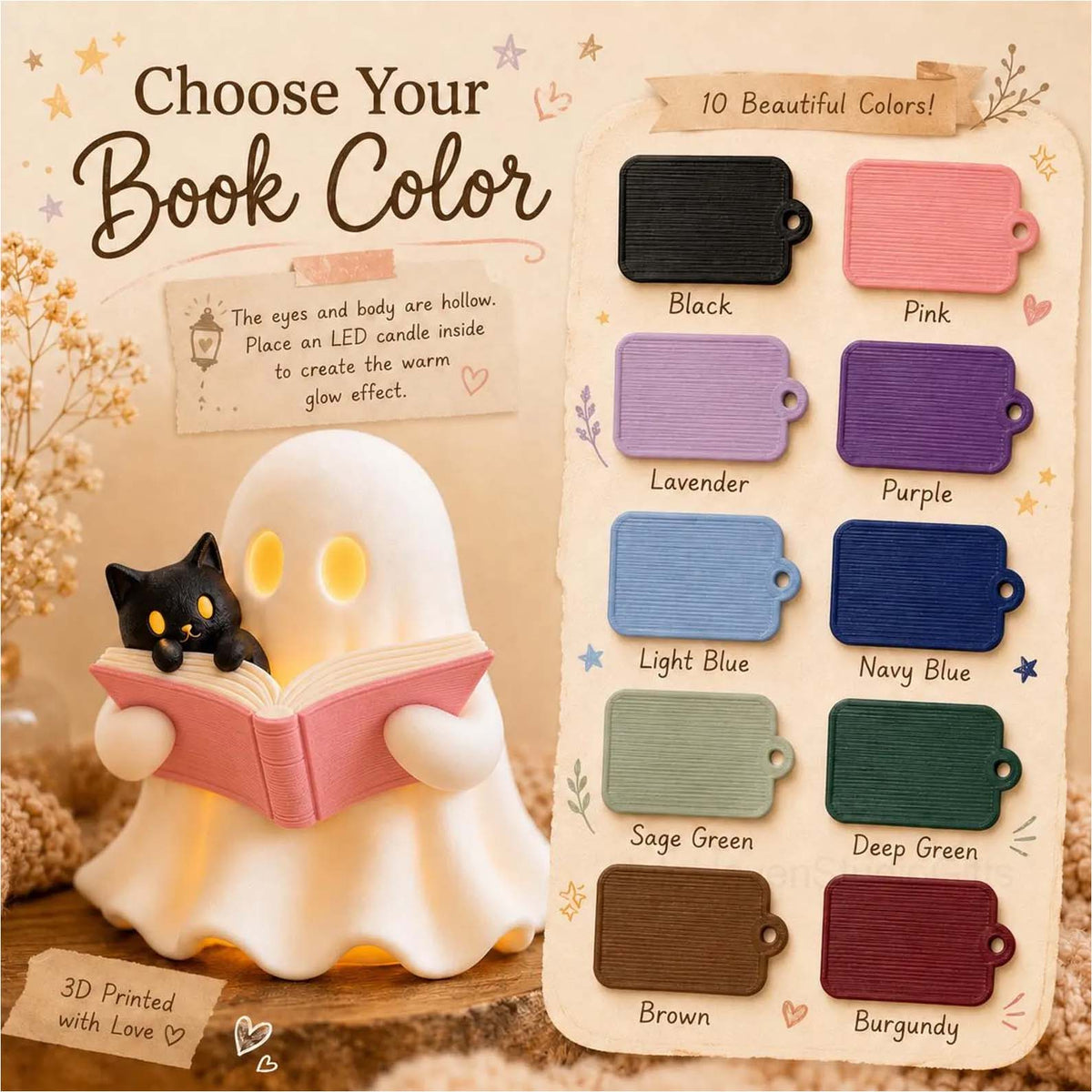 3D Printed Cozy Ghost Reading a Book Night Light, Cute Spooky Cat Lamp, Aesthetic Fall & Halloween Table Decor for Book Lovers 686667 WFD