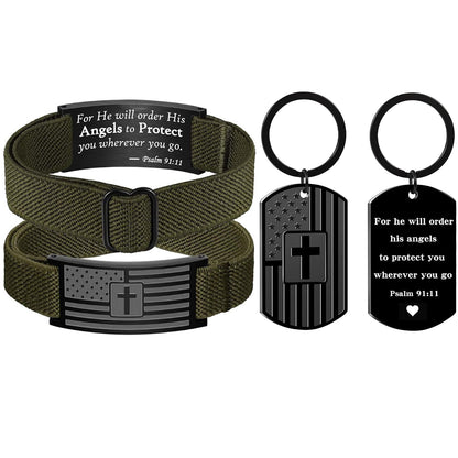 Christian Gift Keychain, Bible Verse Dog Tag Cross Keychain, Black American Flag Keyring, Faith Gift for Men 684047