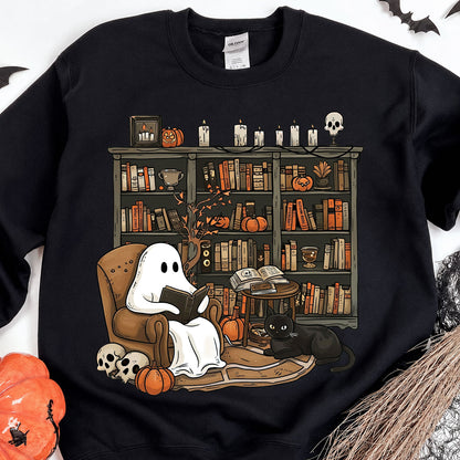 Retro Ghost Reading Dark Sweatshirt, Cute Halloween Librarian Shirt, Book Lover Teacher Gift 685644
