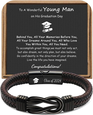 𝗚𝗿𝗮𝗱𝘂𝗮𝘁𝗶𝗼𝗻 𝗚𝗶𝗳𝘁𝘀 𝗳𝗼𝗿 𝗛𝗶𝗺 𝟮𝟬𝟮𝟰 High School, College Graduation Gifts for Men Class of 2024 Leather Stainless Steel Knot Bracelet, Graduation Gifts for Son Boyfriend Brother Grandson Friends