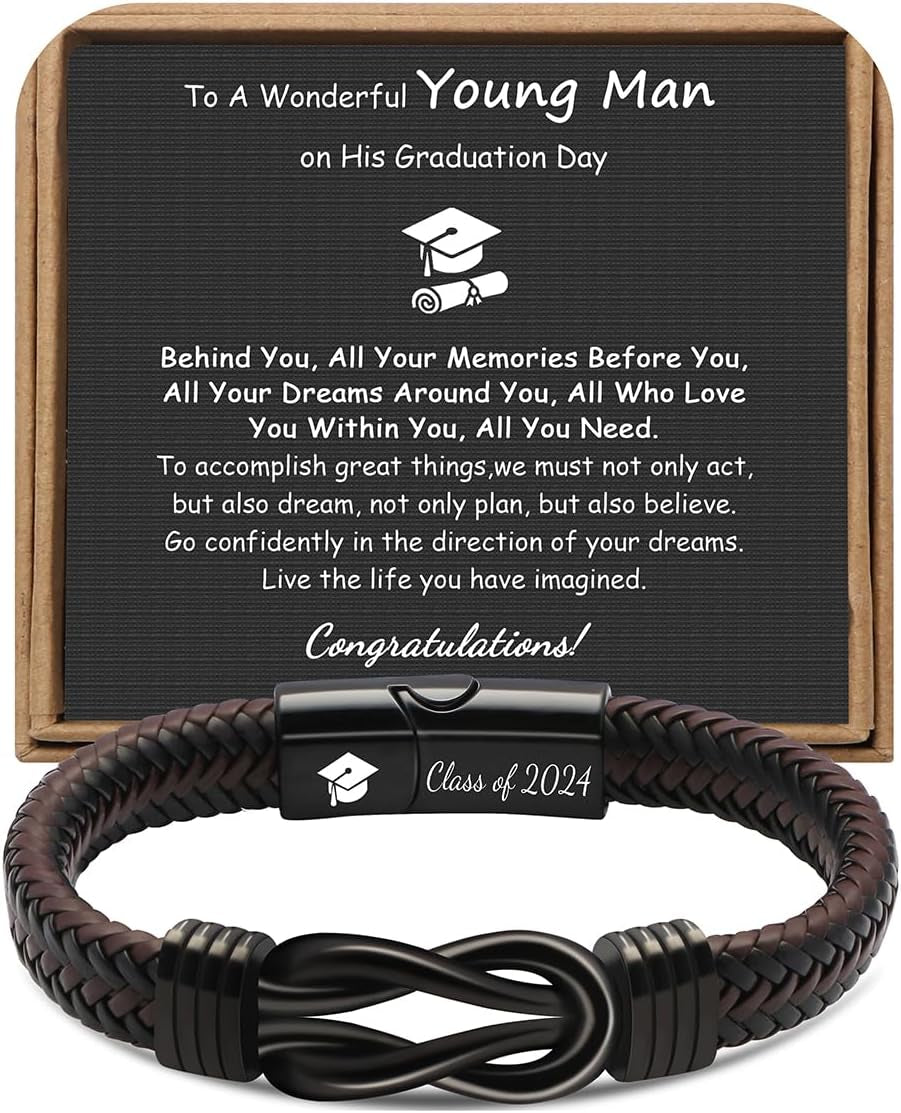 𝗚𝗿𝗮𝗱𝘂𝗮𝘁𝗶𝗼𝗻 𝗚𝗶𝗳𝘁𝘀 𝗳𝗼𝗿 𝗛𝗶𝗺 𝟮𝟬𝟮𝟰 High School, College Graduation Gifts for Men Class of 2024 Leather Stainless Steel Knot Bracelet, Graduation Gifts for Son Boyfriend Brother Grandson Friends