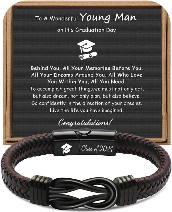 𝗚𝗿𝗮𝗱𝘂𝗮𝘁𝗶𝗼𝗻 𝗚𝗶𝗳𝘁𝘀 𝗳𝗼𝗿 𝗛𝗶𝗺 𝟮𝟬𝟮𝟰 High School, College Graduation Gifts for Men Class of 2024 Leather Stainless Steel Knot Bracelet, Graduation Gifts for Son Boyfriend Brother Grandson Friends