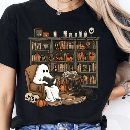 Retro Ghost Reading Dark Sweatshirt, Cute Halloween Librarian Shirt, Book Lover Teacher Gift 685644