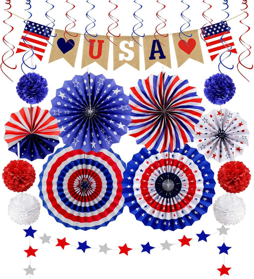26Pcs Patriotic Decorations 4Th of July Decor - LOVE USA Banner Red White Blue Paper Fans Star Streamer Pom Poms Hanging Swirls for Veterans Day,Labor Day,Presidents Day,Flag Day