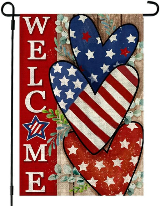 4Th of July Patriotic Welcome Garden Flag 12X18 Inch Double Sided USA Flag Hearts Blue Red Memorial Day Independence Day outside Yard Party Decoration