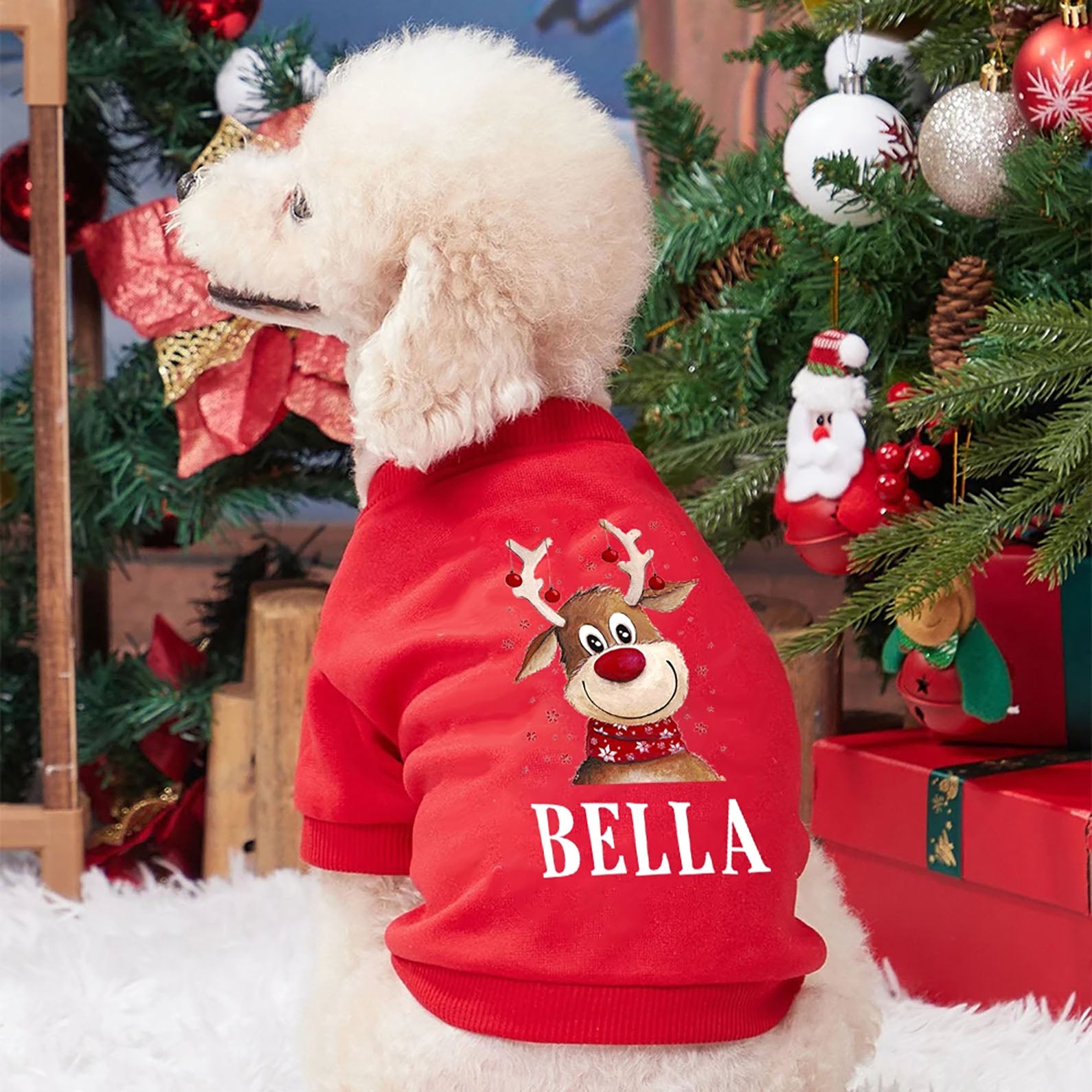 Personalized Christmas Deer Pet Name Dog Hoodies, Custom Name Dog Clothes, Clothes for Small Medium Large Dogs T1673