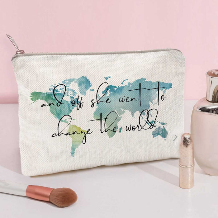 And off She Went to Change the World, Graduation Gift for Her, Makeup Bag Gift, Graduation Gift, Daughter Gift, Sister Gift, World Map Bag, Roommate Gift