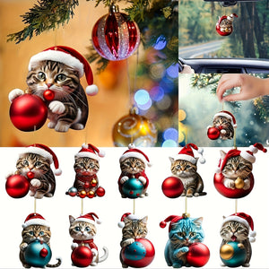 10 PCS Festive Christmas Cat Ornaments: 2D Acrylic Hanging Decorations for Cat Lovers - No Feathers, No Power Required