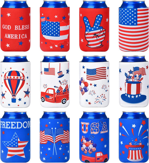 4Th of July Decorations, 12 PCS Can Cooler Sleeves for Independence Day Accessories, Patriotic Party Favors, Collapsible Insulation Cover for Memorial Day Fourth of July Decorations Outdoor Indoor
