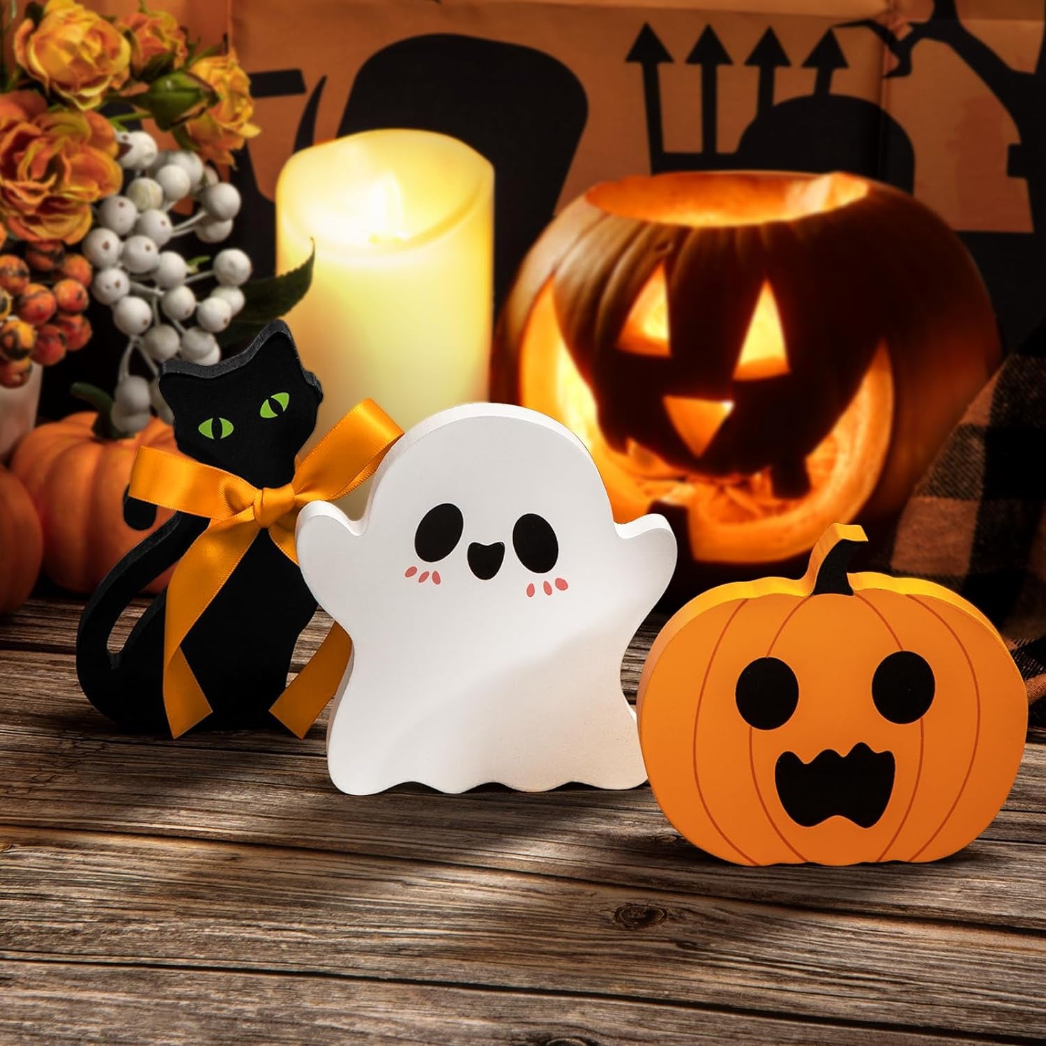 Cute Halloween Tiered Tray Decorations Indoor, Ghost Wooden Decor Pumpkin Blocks Signs for Party Home Decoration (Set of 3)