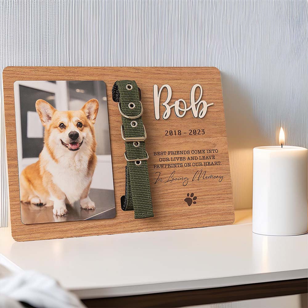 Personalized Memorial Pet Collar Sign, Custom Photo Wood Frame With Collar Holder, Dog Memorial Gifts, Pet Loss Gifts BX25