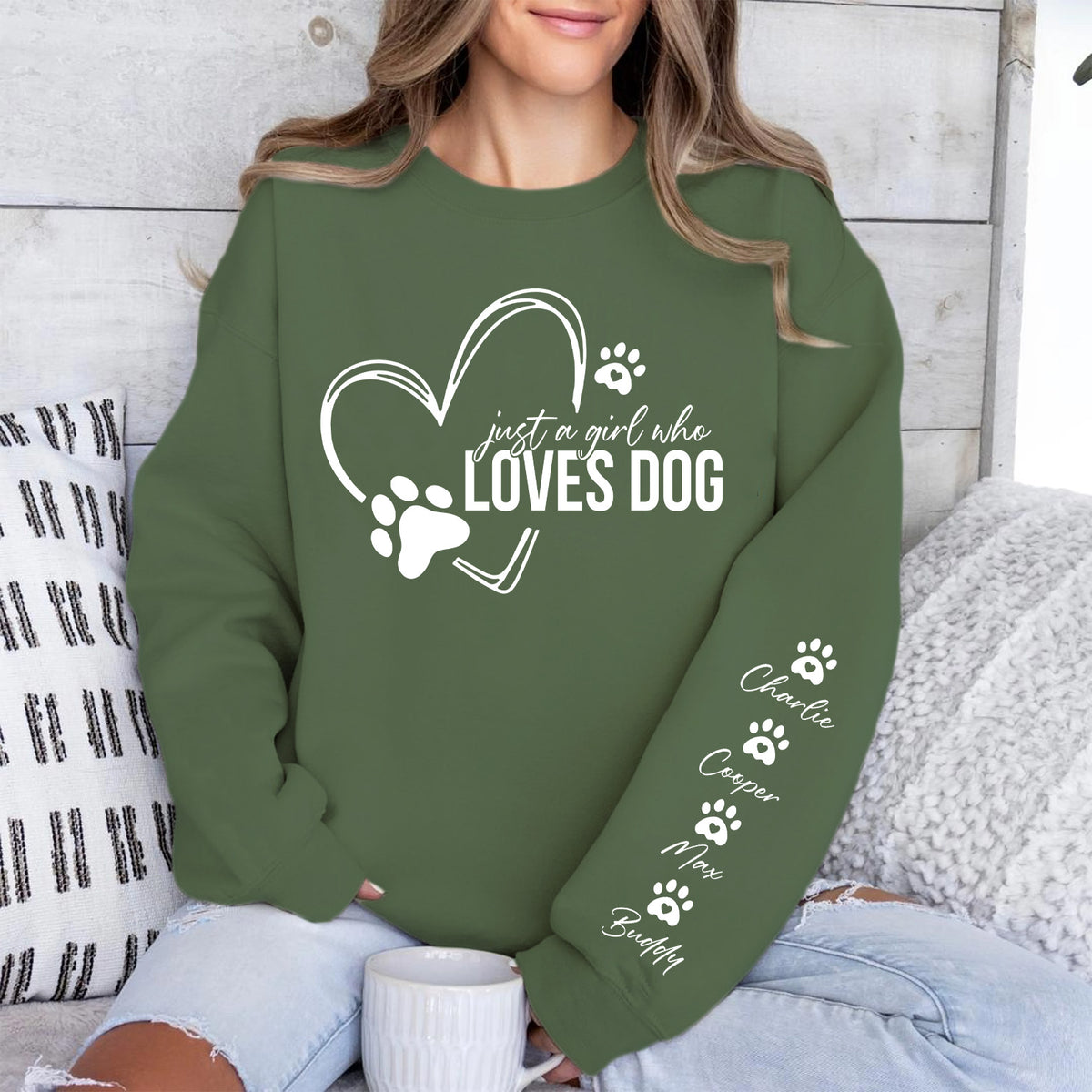 Just a Girl Who Loves Dogs Sweatshirt, Personalized Custom Name Dog Sweater, Front & Left Sleeve Print 683637