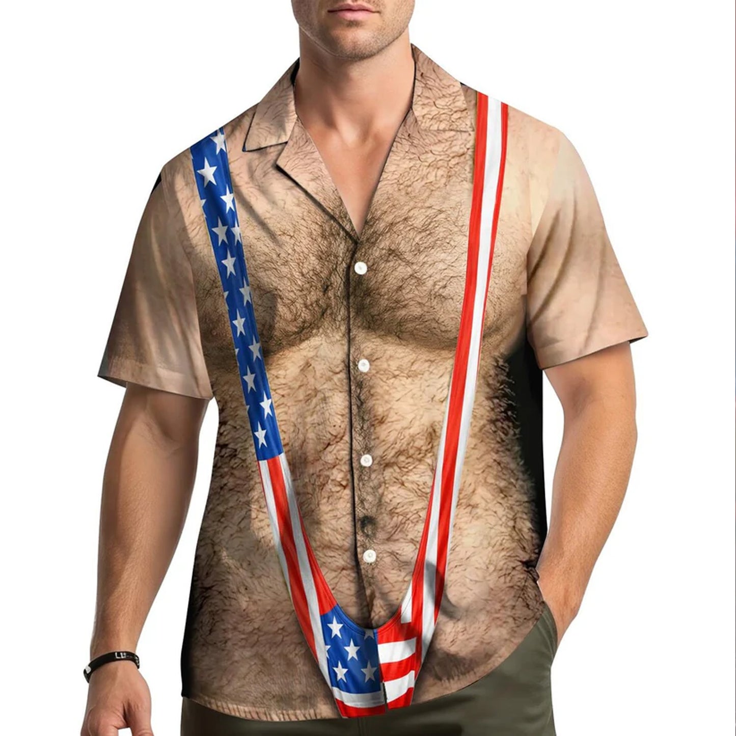 Funny 250 Years American Flag Hawaiian Shirt for Men, Patriotic Chest Hair Illusion AOP Hawaii Shirt 685294 WFD