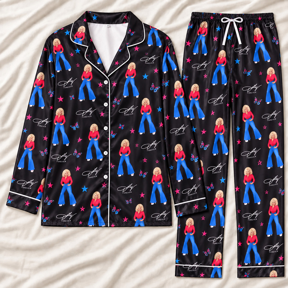Dolly Parton Satin Pajama Set, Country Music Long Sleeve PJs, Western Music Fan Sleepwear Gift 686320 WFD