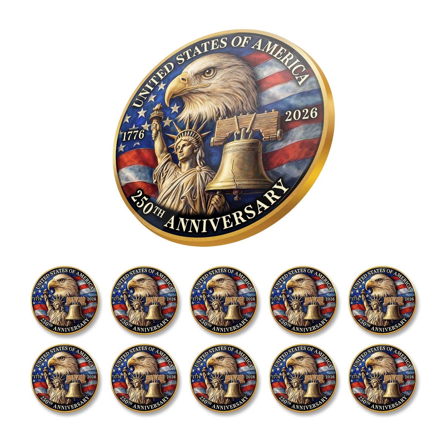 USA 250 Years Anniversary Lapel Pin 1776–2026 | Pack of 10 Patriotic Eagle Liberty Pin 684621