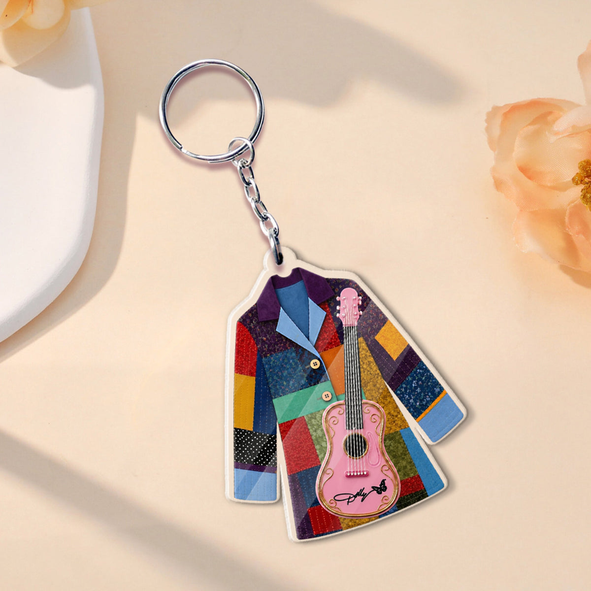 Dolly Parton Coat of Many Colors Acrylic Keychain, Pink Guitar Country Music Keychain, Dolly Fan Gift 686130