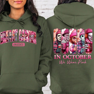Breast Cancer Awareness T-Shirt, In October We Wear Pink, Halloween Pink Horror Characters Front & Back Shirt 683311