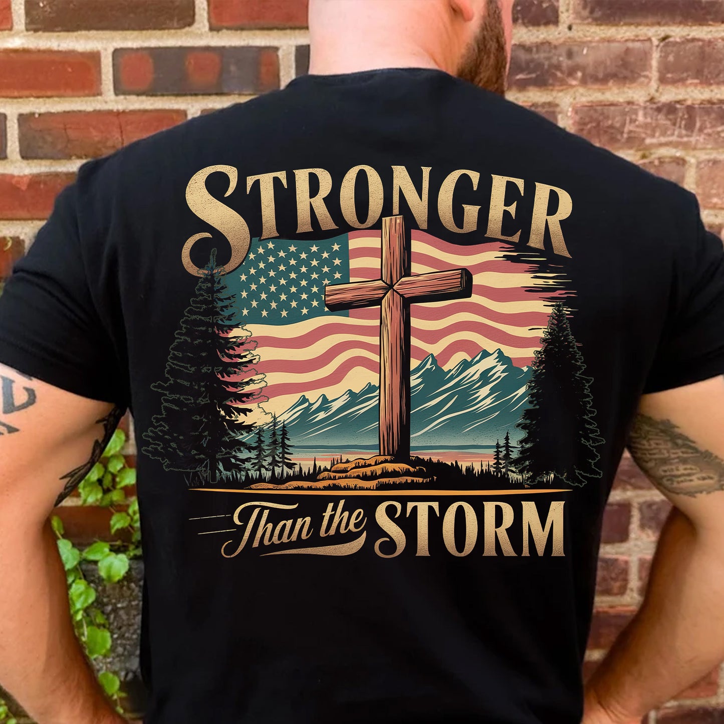 Stronger Than The Storm Christian Shirt | Cross Faith Tee | Patriotic American Flag Backside Shirt 683179