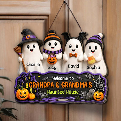 Personalized Halloween Grandma Grandpa Haunted House Wood Sign, Custom Ghost Family Welcome Door Decor 685786 WFD