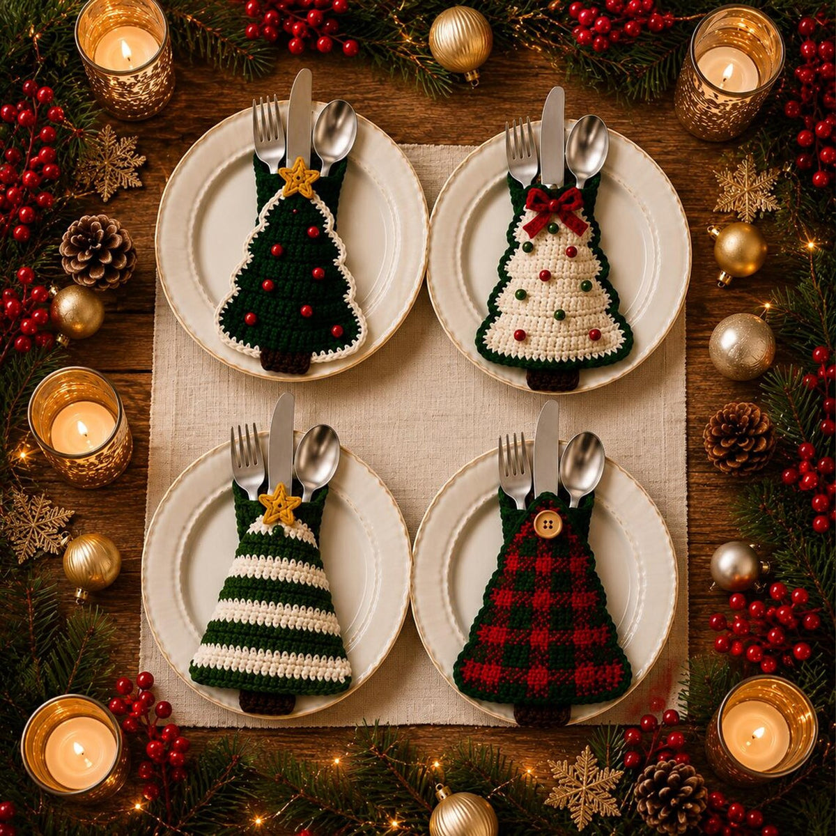 Christmas Tree Cutlery Holder DIY Crochet Kit, 8 Designs, Christmas Table Decor, Handmade Holiday Gift 686870 WFD