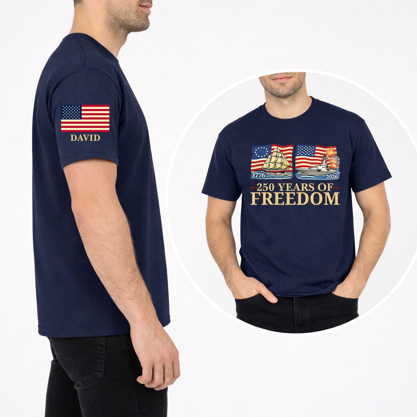 250 Years of Freedom Shirt | Custom Name Patriotic 1776–2026 Front & Right Sleeve Shirt 684618