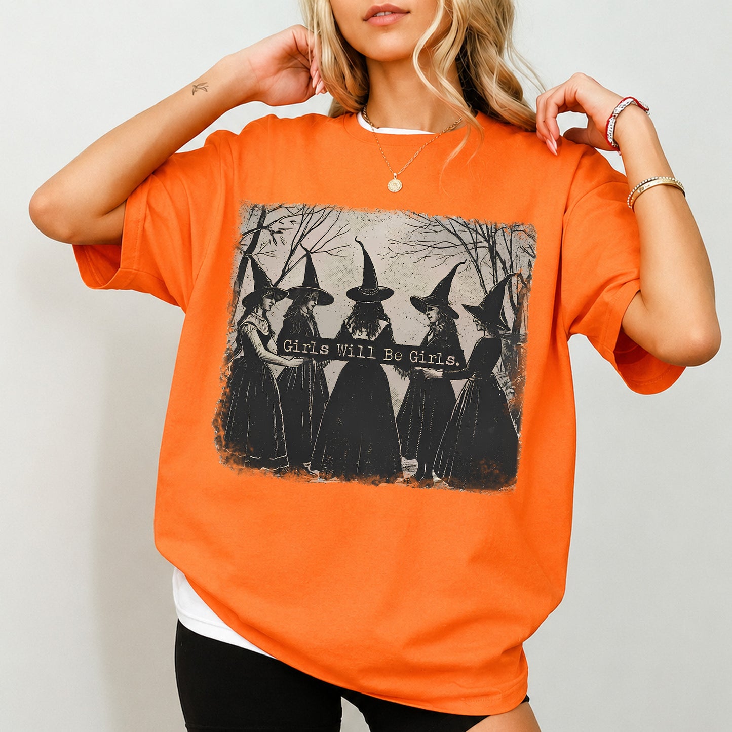 Vintage Girls Will Be Girls Witch Shirt, Funny Witchy Halloween Tee, Gothic Women Shirt, Spooky Season Gift 685665