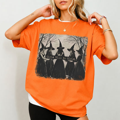 Vintage Girls Will Be Girls Witch Shirt, Funny Witchy Halloween Tee, Gothic Women Shirt, Spooky Season Gift 685665