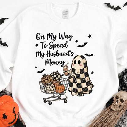 Funny Halloween Ghost Shopping Sweatshirt, On My Way to Spend My Husband’s Money Shirt, Fall Pumpkin Sweatshirt 685845