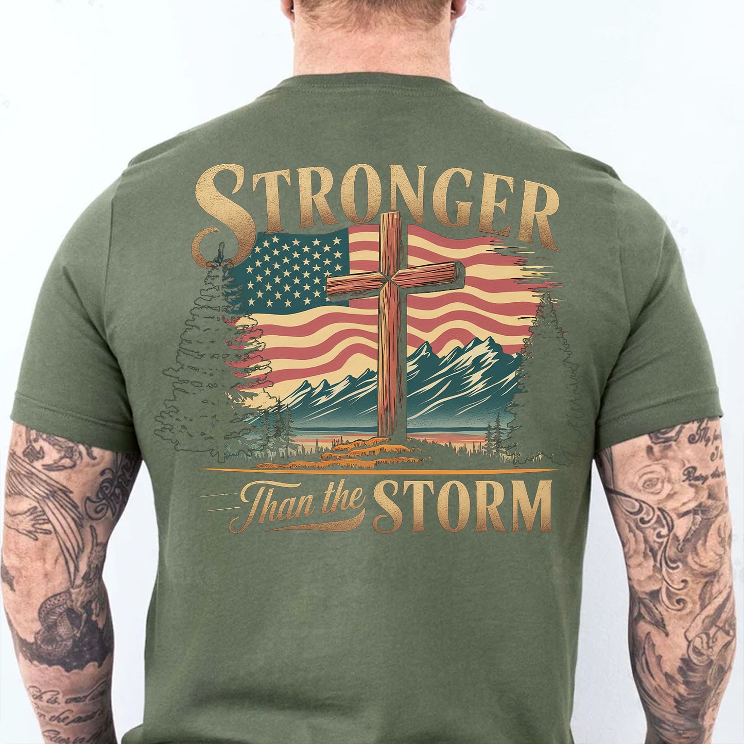 Stronger Than The Storm Christian Shirt | Cross Faith Tee | Patriotic American Flag Backside Shirt 683179