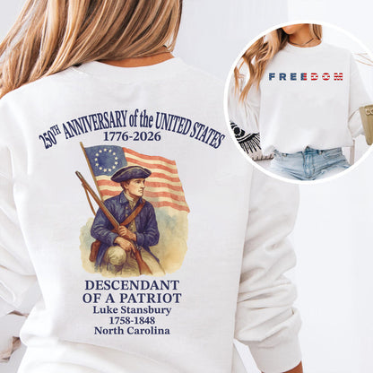 Custom Name 250 Years USA Front & Back Shirt | Personalized Descendant of a Patriot | Patriotic 1776–2026 Tee 684451