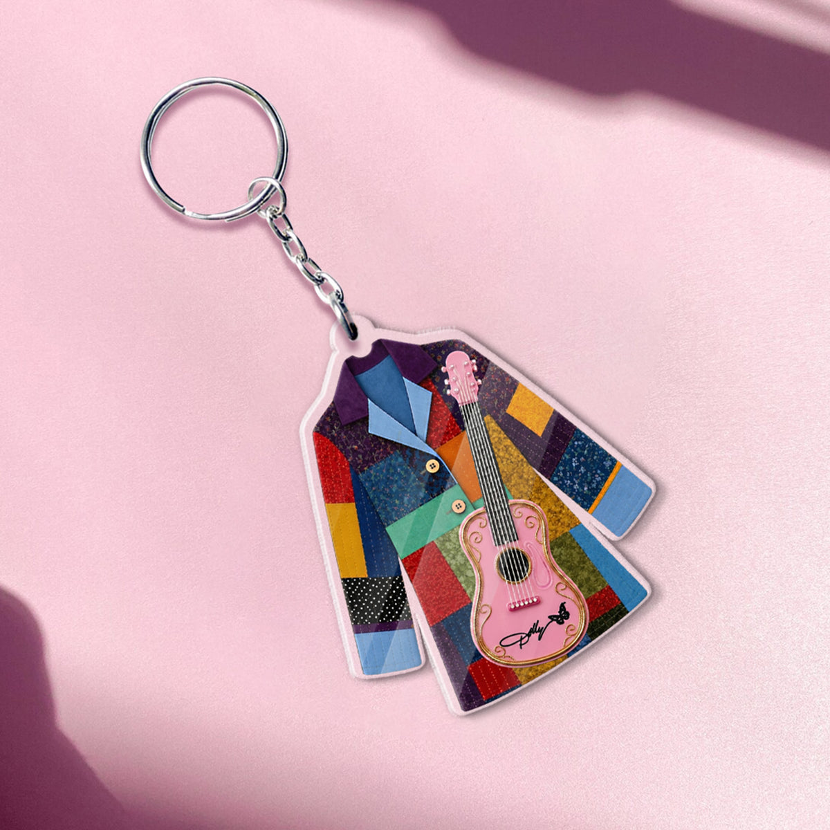 Dolly Parton Coat of Many Colors Acrylic Keychain, Pink Guitar Country Music Keychain, Dolly Fan Gift 686130
