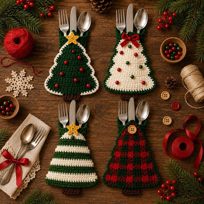 Christmas Tree Cutlery Holder DIY Crochet Kit, 8 Designs, Christmas Table Decor, Handmade Holiday Gift 686870 WFD