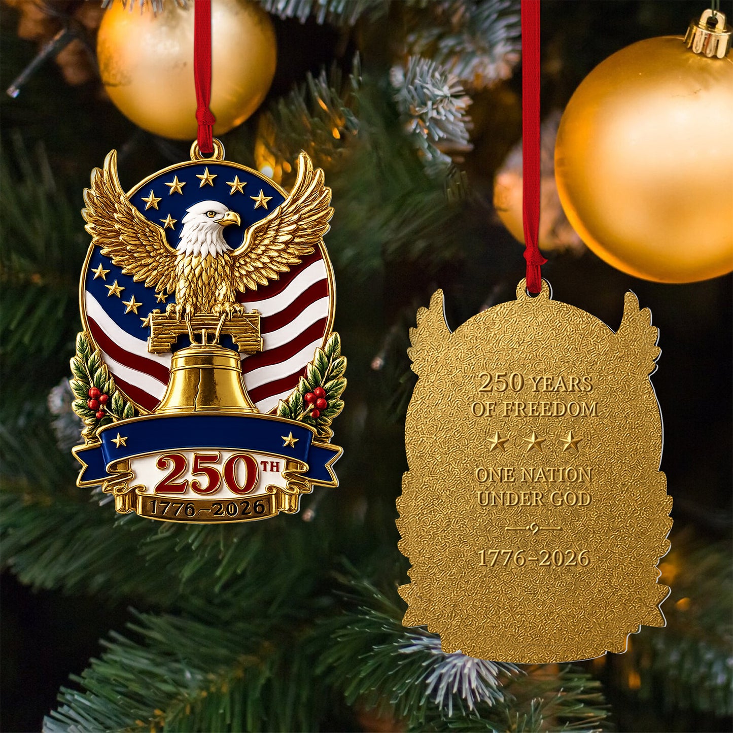 USA 250th Anniversary 2-Sided Aluminum Ornament 1776-2026, Patriotic Bald Eagle Christmas Ornament 685804