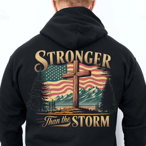 Stronger Than The Storm Christian Shirt | Cross Faith Tee | Patriotic American Flag Backside Shirt 683179