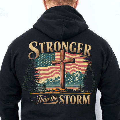 Stronger Than The Storm Christian Shirt | Cross Faith Tee | Patriotic American Flag Backside Shirt 683179