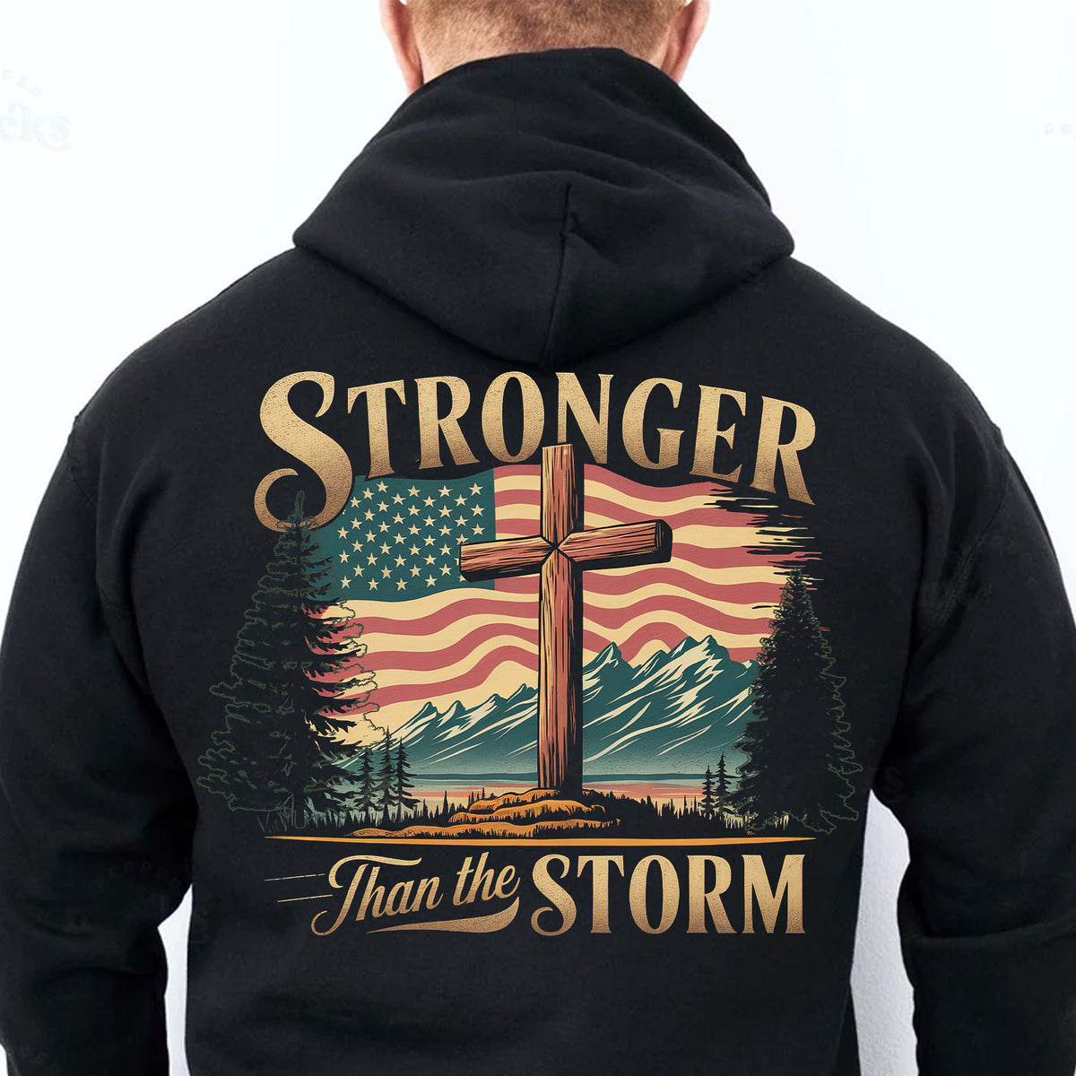 Stronger Than The Storm Christian Shirt | Cross Faith Tee | Patriotic American Flag Backside Shirt 683179