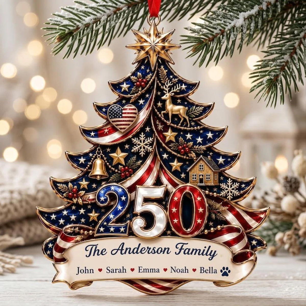 Personalized USA 250th Anniversary Acrylic Ornament, Custom Family Name Patriotic Christmas Decor 685886