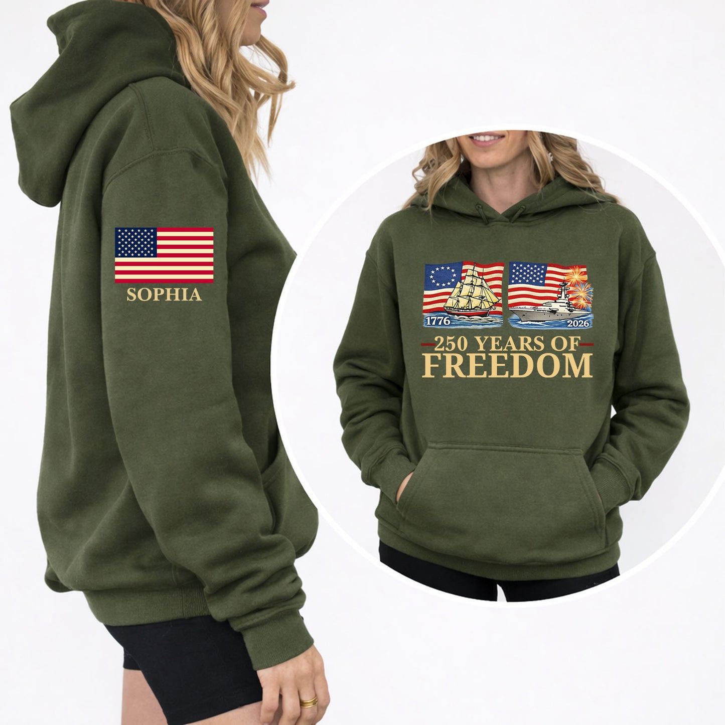 250 Years of Freedom Shirt | Custom Name Patriotic 1776–2026 Front & Right Sleeve Shirt 684618