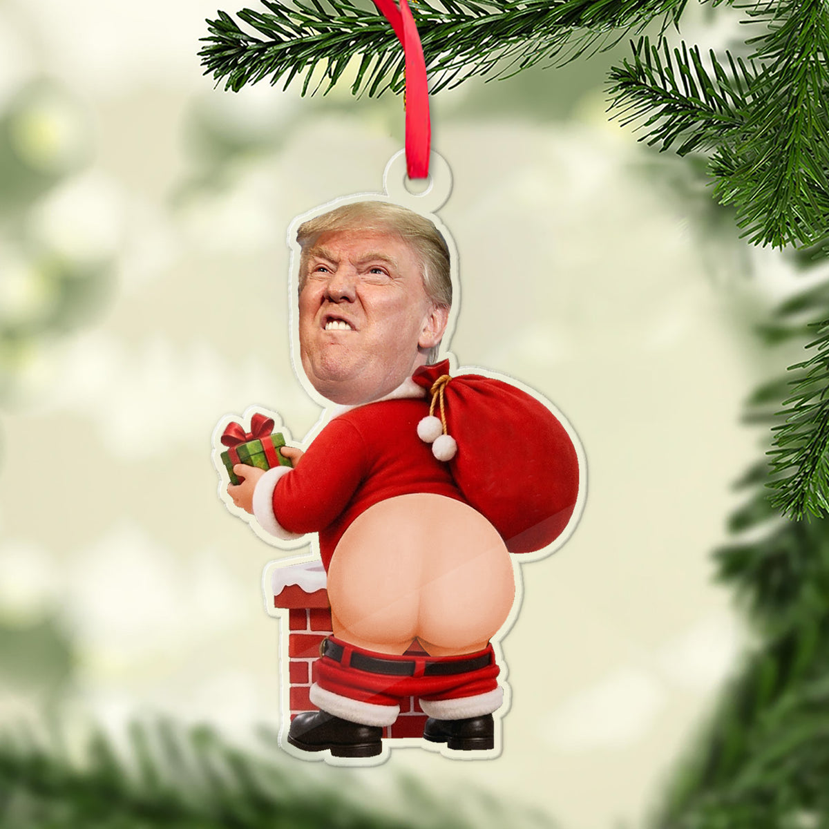 Funny Donald Trump Santa Squishy Acrylic Ornament, Trump Chimney Christmas Ornament, Gag Gift 686354
