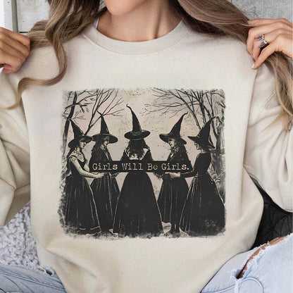 Vintage Girls Will Be Girls Witch Shirt, Funny Witchy Halloween Tee, Gothic Women Shirt, Spooky Season Gift 685665