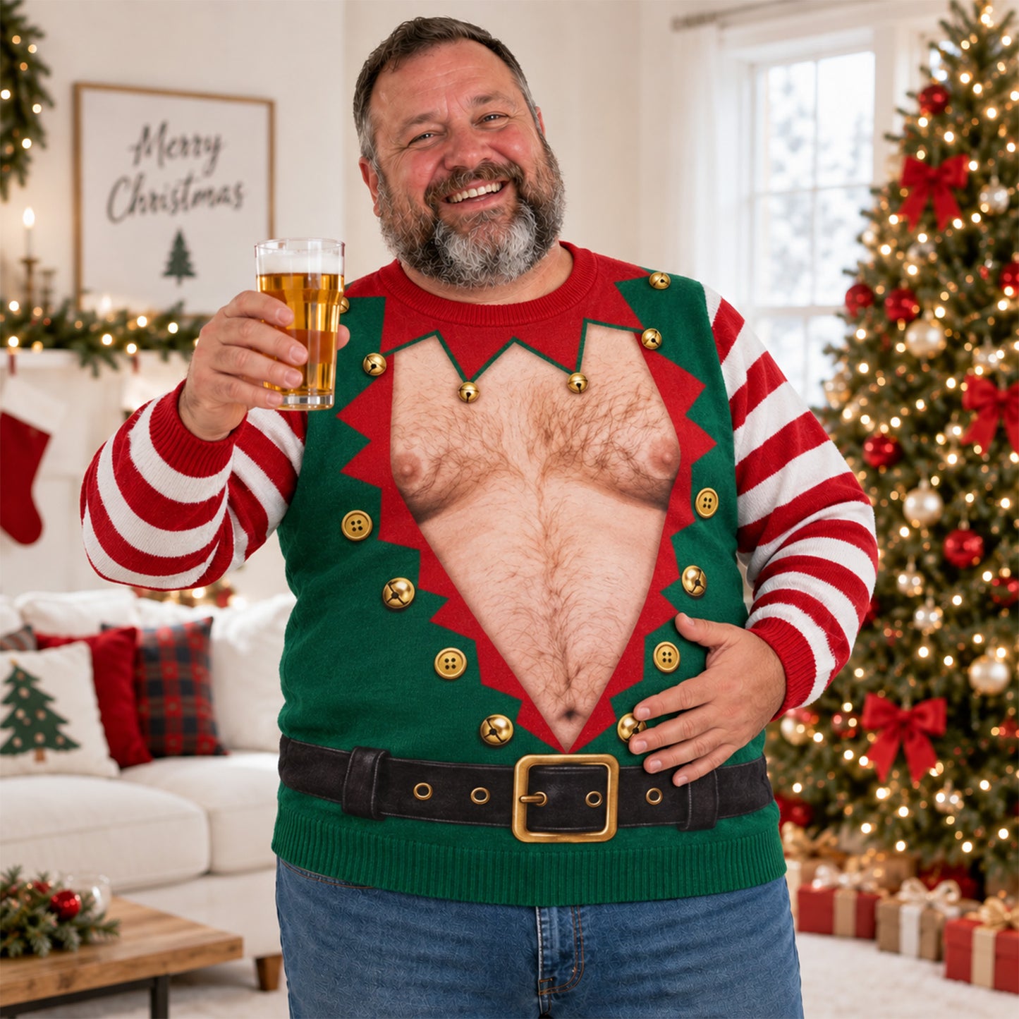 Funny Christmas Ugly Sweater for Men, Fake Chest Elf & Gingerbread All-Over Print Sweatshirt 686160 WFD
