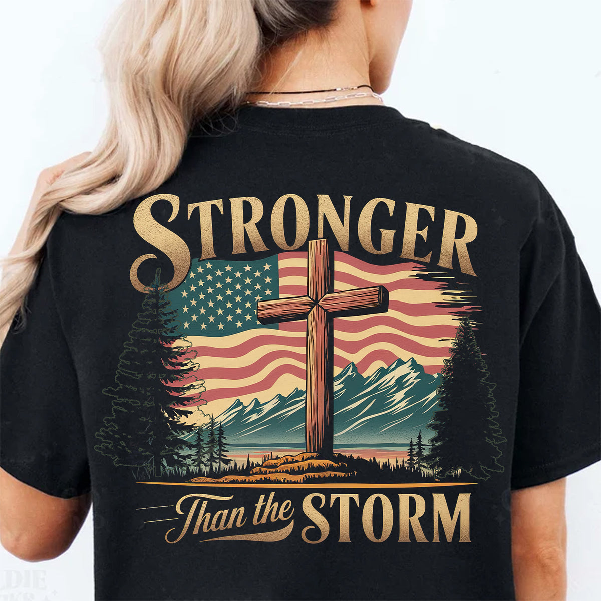 Stronger Than The Storm Christian Shirt | Cross Faith Tee | Patriotic American Flag Backside Shirt 683179